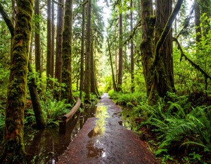 Lush forest path in dappled sunlight