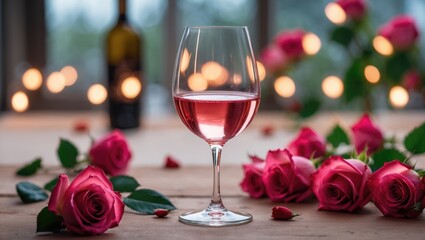 A delicate glass holding a blush-colored wine