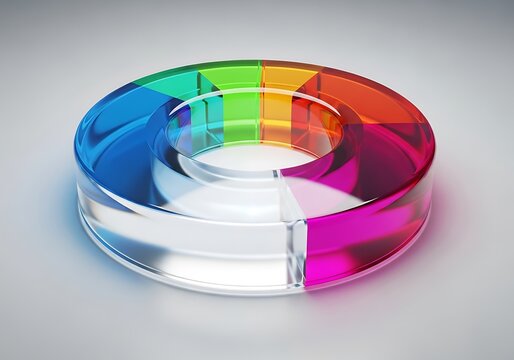 A colorful, segmented glass ring, resembling a pie chart or data visualization, is presented against a clean, light gray background