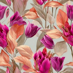 Seamless floral pattern with pink tulips and orange leaves on a light background
