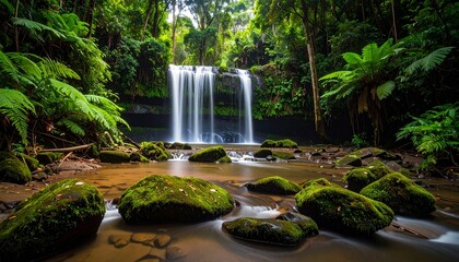Majestic waterfall cascading over mossy rocks in a vibrant, untouched rainforest, creating a serene and captivating natural landscape