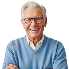 Fototapeta premium Smiling elderly man with glasses and blue sweater isolated on transparent background