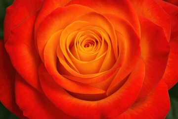 Detailed view of a brightly colored red and yellow rose in full bloom