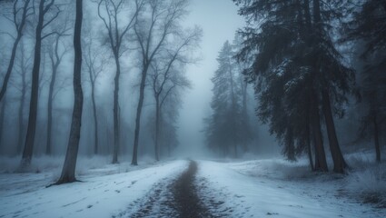Frozen woods and misty pathway, nature landscape for wallpaper