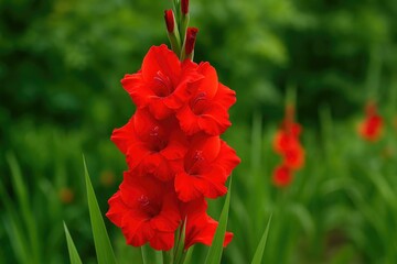 Garden display of vibrant red Gladiolus flowers, also known as Sword Lilies