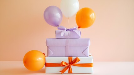 A Stack of Beautifully Wrapped Gifts Adorned with Colorful Balloons