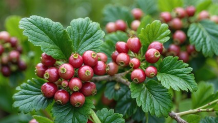 Obraz premium Detail shot of gooseberry clusters on a garden bush branch