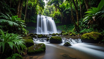 A majestic waterfall gracefully cascades through a vibrant, lush rainforest, its pristine waters flowing over moss-covered rocks into a tranquil stream, creating a serene natural spectacle