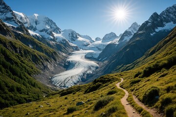 Fototapeta premium Frozen peaks surrounding a lush mountain valley