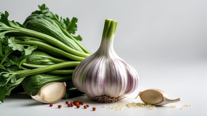 Single garlic bulb against a white background