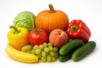 Isolated fruit arrangement in a studio setting with a white backdrop