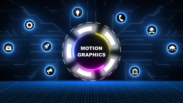 Animated motion graphics displaying finance and technology related concepts and icons