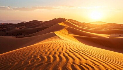Golden Hour on Rolling Sand Dunes A Serene Desert Landscape at Sunrise