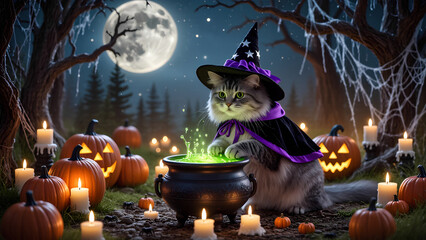 scene of preparing a witch's potion in a clearing on Halloween night
