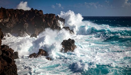 Ocean waves crashing against the rocky coast on a sunny day