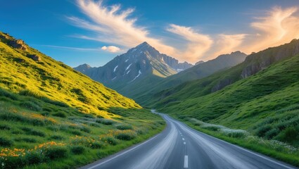 Fototapeta premium Uncover the scenic allure of a tranquil mountain trail meandering through rugged terrain and lush flora, epitomizing natural calmness for explorers.