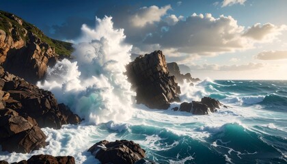 Powerful ocean waves crashing against rugged rocky cliffs under a bright, sunny sky