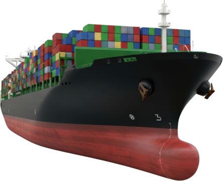 Front view of a large cargo container ship with a black hull red bottom and stacks of colorful shipping containers transparent background