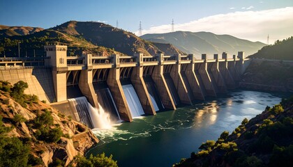 A large hydroelectric dam releasing water through its spillways into a river, surrounded by mountains and renewable energy sources