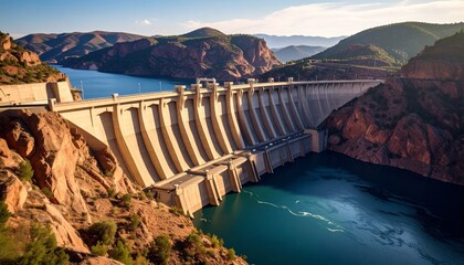 Massive concrete dam and reservoir in a mountain valley, showcasing hydroelectric power generation and vital water resource management for regional supply