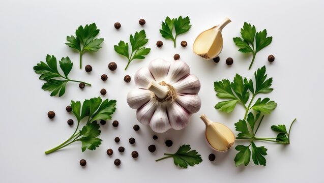 Garlic cloves paired with peppercorns and parsley on a plain white surface, with space for text. Top-down view.