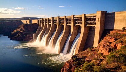 Large concrete dam releasing water, an engineering marvel for sustainable hydroelectric power and essential water management, set in a scenic canyon
