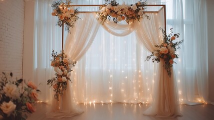 Romantic wedding ceremony featuring beautiful flowers and candles surrounding a stunning metal arch