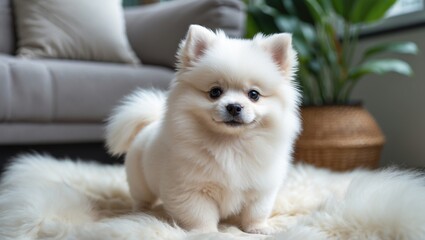 Cute and cuddly white Pomeranian puppy with a plush fur display