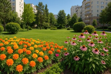 Obraz premium City landscape with floral beds, shrubs, and trees surrounding homes and public parks