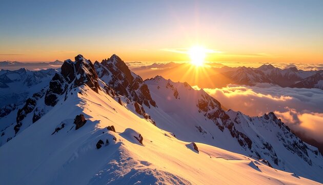 Golden Sunrise Over Snow-Capped Mountain Peaks With Wispy Clouds