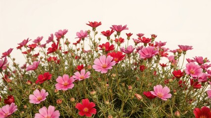Fototapeta premium Summer flowerbed with vibrant pink and red cosmos blossoms