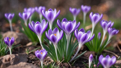 Spring's initial flowers: purple crocuses in bloom