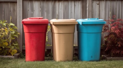 Three colorful trash bins in a backyard
