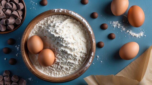 Ingredients for baking arranged on a blue background: flour in a wooden dish, eggs, and chocolate drops, viewed from above