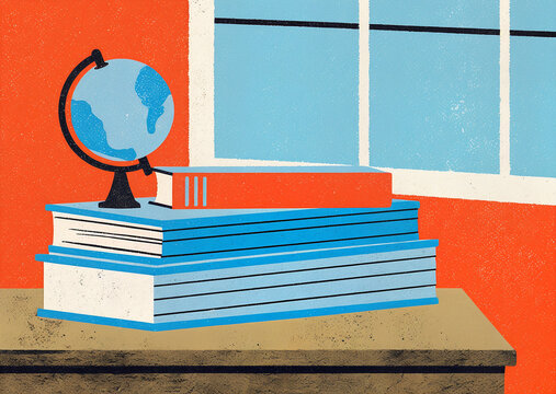Retro style illustration of a study desk with stacked books and a globe by the window. Education, knowledge, and academic learning concept with bright red and blue colors