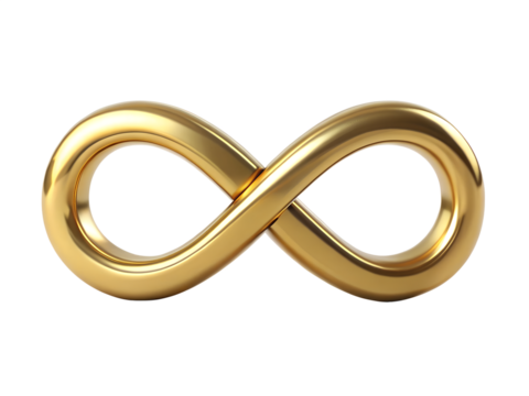 Golden infinity symbol isolated on transparent background, representing eternal love, endless possibilities, and the limitless nature of time