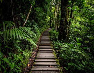 Enchanting pathway through dense jungle with lush vegetation and wooden stairway offering an