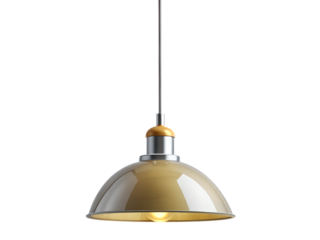 Vintage industrial pendant light isolated on transparent background, featuring a domeshaped metal shade, brass accents, and a hanging cord for a retrochic touch
