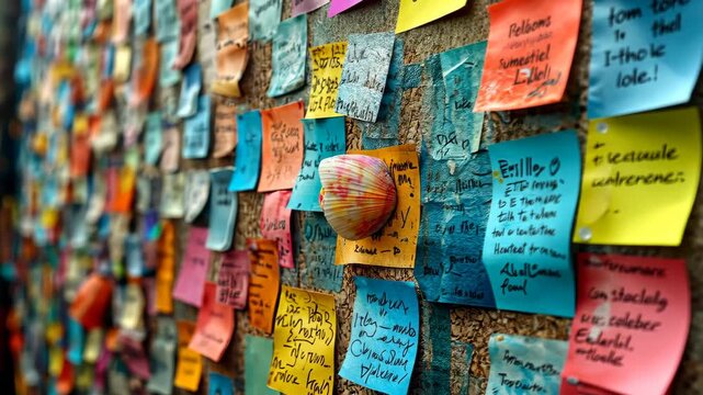 Colorful bulletin board filled with vibrant handwritten notes and small decorative objects