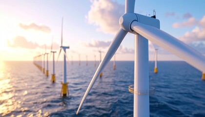 A line of powerful wind turbines at an offshore farm in the ocean, producing clean, sustainable, and renewable energy at dawn or dusk