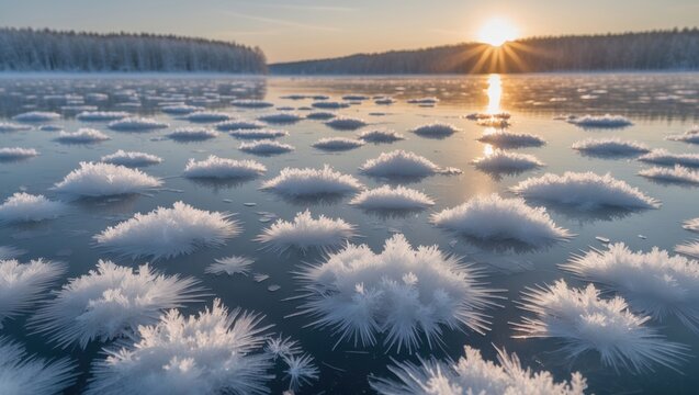 Winter landscape by a lakeside displaying delicate ice patterns on the frozen surface with sunlight glow
