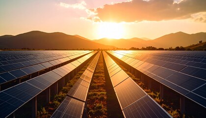 Renewable energy solar farm at sunset with mountains in the background, symbolizing a sustainable future