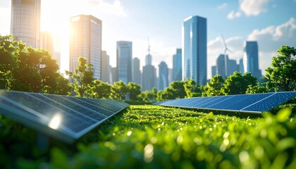 Solar panels in a lush city park with a futuristic skyline, symbolizing green energy and sustainable urban development