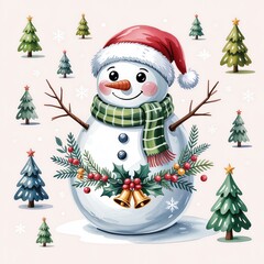 Obraz premium A cheerful snowman adorned with a hat and scarf, surrounded by festive Christmas trees, perfect for holiday celebrations.