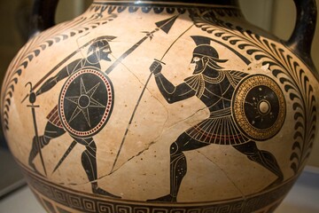 Ancient Greek Amphora Pottery Depicting Warriors in Combat