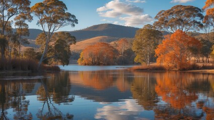 Naklejka premium Seasonal Shift at Lake Canobolas in Autumn Close to Mount Canobolas in Central West NSW