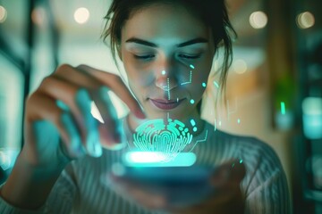 Young woman interacting with a futuristic holographic AI brain interface on her smartphone