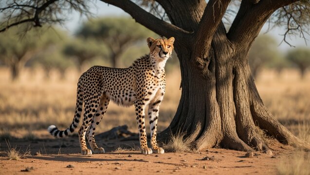 Shadowed tree perch of a fast feline in a protected wilderness area; species Acinonyx jubatus, from the Felidae family