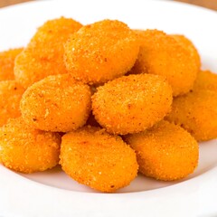 A plate of golden-brown, breaded nuggets