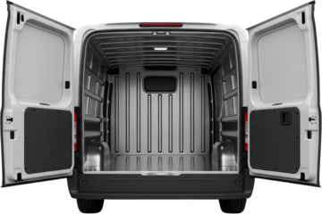 Rear view of an empty cargo van with open rear and side doors interior cargo space Truck Vehicle Transport transparent background